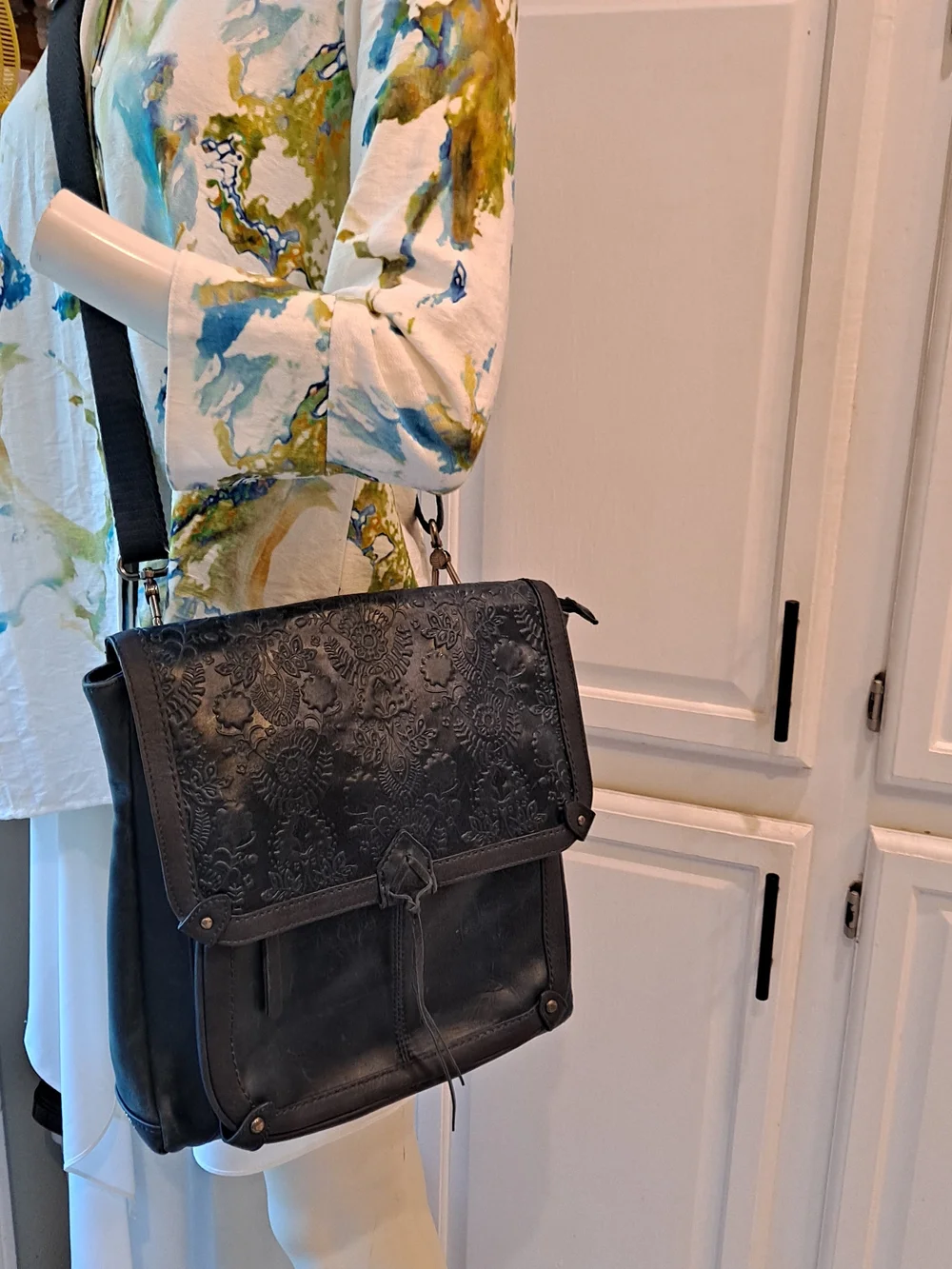 The Sak Ventura II Convertible Backpack Indigo Blue Leather Floral Embossed Bag